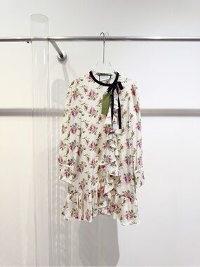 🚩steal Gucci Cream Floral Ruffle Dress with Black Bow Tie